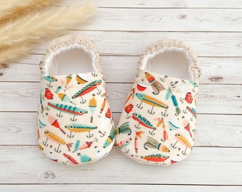 FISHING baby booties, slippers, crib shoes, soft sole, moccasins, baby shoes