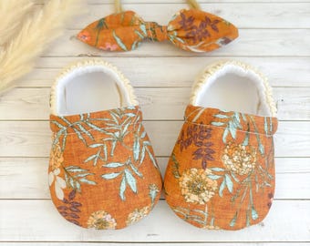 Fall Floral Baby Booties: Soft Sole Moccasins with Matching Bow
