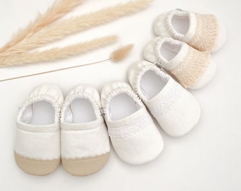 ANTIQUE WHITE linen baby booties, slippers, crib shoes, soft sole, moccasins, baby shoes