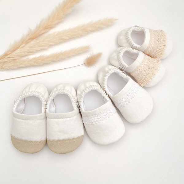 ANTIQUE WHITE linen baby booties, slippers, crib shoes, soft sole, moccasins, baby shoes
