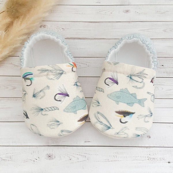 FISHING baby booties, slippers, crib shoes, soft sole, moccasins, baby shoes