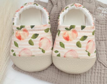Peach Print Baby Booties, Soft Sole Crib Shoes, Handmade