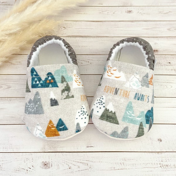 ADVENTURE mountain baby booties, slippers, crib shoes, soft sole, moccasins, baby shoes