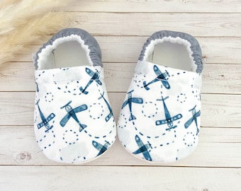 BLUE AIRPLANE baby booties, slippers, crib shoes, soft sole, moccasins, baby shoes