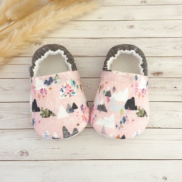 PINK MOUNTAINS ADVENTURE baby booties, slippers, crib shoes, soft sole, moccasins, baby shoes