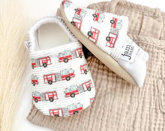 Fire Truck Baby Booties: Handmade Soft Sole Crib Shoes