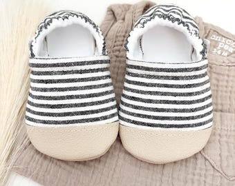 Handmade Linen Blend Baby Booties: Railroad Stripe Crib Shoes