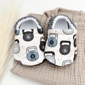 KETTLE BELL WORKOUT baby booties, slippers, crib shoes, soft sole, moccasins, baby shoes, toddler shoes