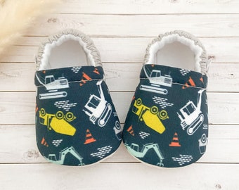 CONSTRUCTION baby booties, slippers, crib shoes, soft sole, moccasins, baby shoes