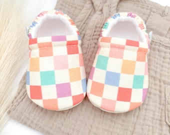 Checkered Baby Booties: Handmade Soft Sole Crib Shoes