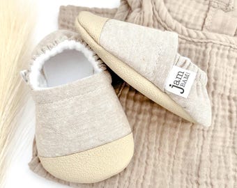 Oatmeal Linen Blend Baby Booties: Soft Sole Moccasins