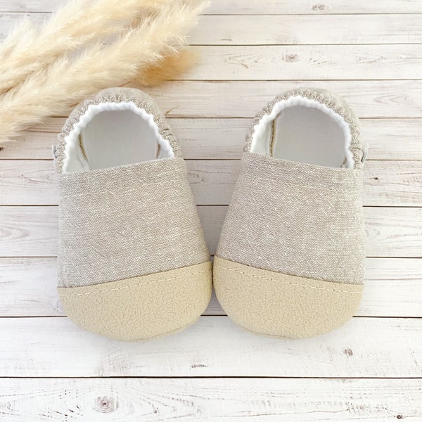 OATMEAL LINEN blend baby booties, slippers, crib shoes, soft sole, moccasins, baby shoes