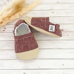 BRICK LINEN blend baby booties, slippers, crib shoes, soft sole, moccasins, baby shoes