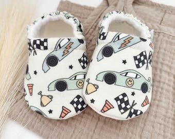 Race Car Baby and Toddler Booties: Handmade Soft Sole Crib Shoes
