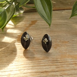 Pendientes bañados en plata con flor auténtica de “Zanahoria Salvaje” sobre fondo de resina negra. Joyería minimalista.
