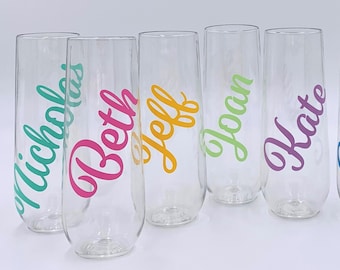 Personalized Stemless Champagne Flutes ~ Glass or Plastic ~ Bridal Party ~ Bridal Shower ~ Champagne ~ Toasting ~ Bridesmaid Glasses