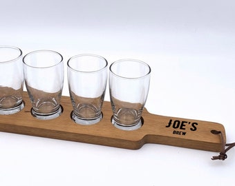 Personalized Brew Beer Flight Set ~ Beer Paddle ~ 4 Tasting Glasses ~ Name Brew ~ Gift For Him ~ Groomsman Gift ~ Christmas Gift
