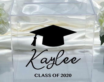 Personalized Graduation Card Box ~  Clear Acrylic ~ Class of 2020 ~ Class of 2026 School Colors ~ Graduation Cap ~ Decor