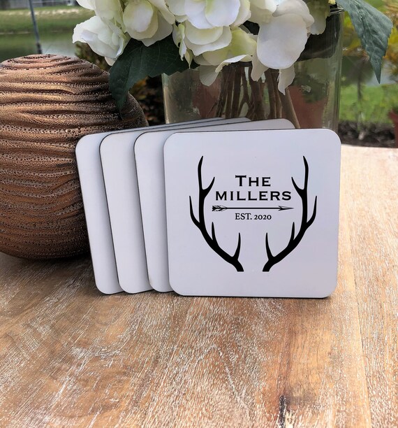 Personalized Antlers Coasters Set ~ Cork Back  ~ Gift for Couple ~ Est Year ~ Personalized Coasters ~ Personalized Gift ~ Christmas Gift
