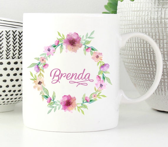 Floral Wreath Mug ~ Personalized ~ Custom Name Mug ~ Floral Mug ~ Bridesmaid Gift ~ Christmas Gift ~ Birthday Gift ~ Personalized Name