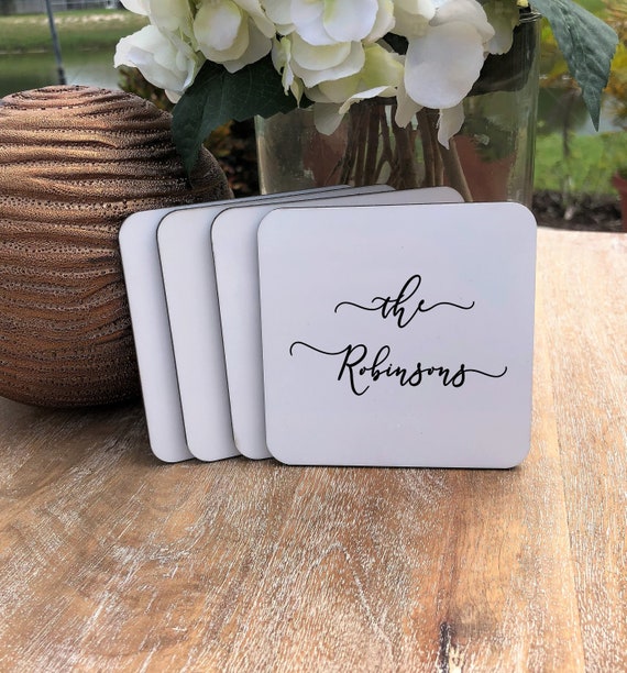 Personalized Family Name Coasters Set ~ Cork Back ~ Last Name ~ Gift for Couple ~ Est Year ~ Personalized Coasters ~ Christmas Gift