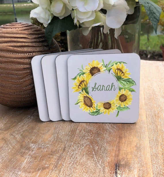 Personalized Sunflower Coasters Set ~ Cork Back ~ Color Coasters ~ Personalized Coasters ~ Personalized Gift ~ Christmas Gift ~ Office Gift