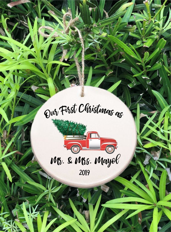 Personalized Newlyweds First Christmas Ornament ~ Family Name Ornament ~ Year ~ Christmas Gift ~ Truck and Christmas Tree ~ Wedding Gift