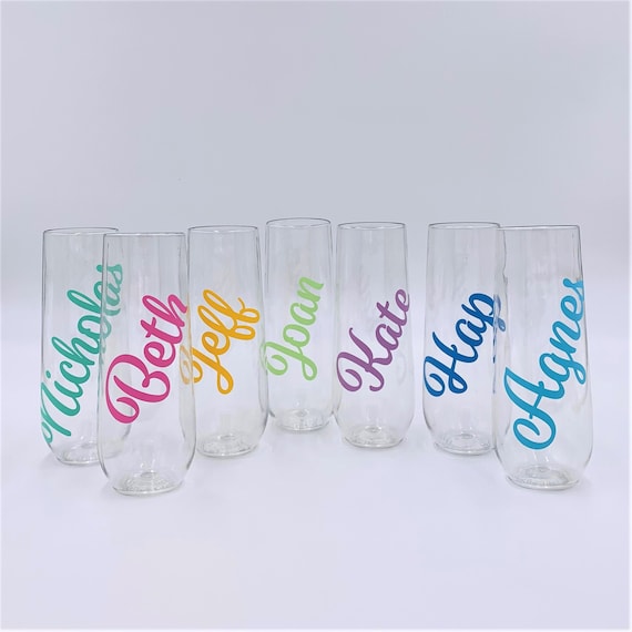 Personalized Stemless Champagne Flutes ~ Glass or Plastic ~ Bridal Party ~ Bridal Shower ~ Champagne ~ Toasting ~ Bridesmaid Glasses