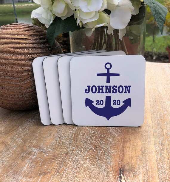 Personalized Anchor Coasters Set ~ Cork Back  ~ Gift for Couple ~ Est Year ~ Personalized Coasters ~ Personalized Gift ~ Christmas Gift