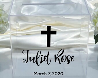 Personalized Baptism Clear Acrylic Card Box ~ Christening Card Box ~ First Communion Card Box ~ Confirmation Card Box ~ Large Card Box