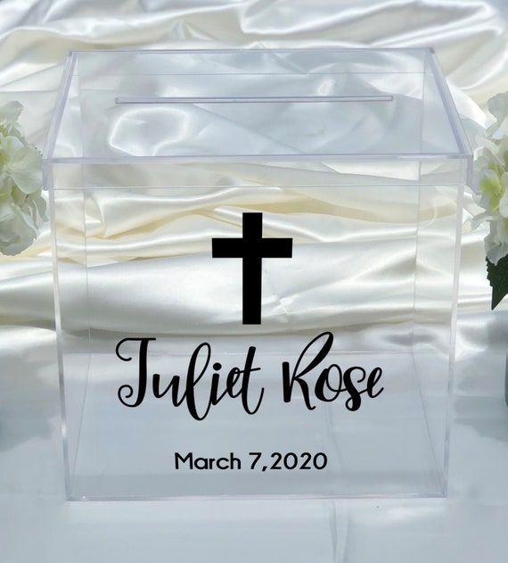 Personalized Baptism Clear Acrylic Card Box ~ Christening Card Box ~ First Communion Card Box ~ Confirmation Card Box ~ Large Card Box