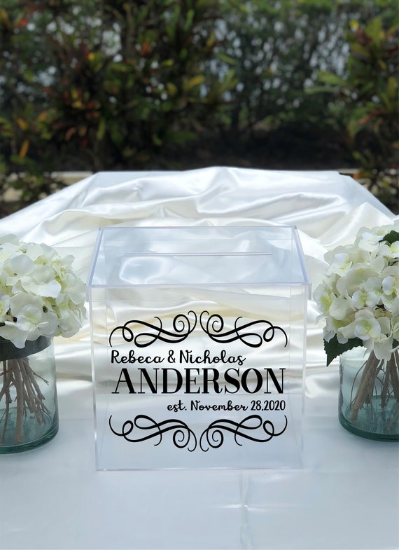 Personalized Wedding Card Box ~ Clear Acrylic Card Box with Lid ~ Established Date ~ Choose The Color ~ Bridal Shower ~ Engagement ~ Money