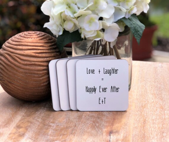 Love Laughter and Happily Ever After Personalized Cork Coaster Wedding  Favors for Guests 