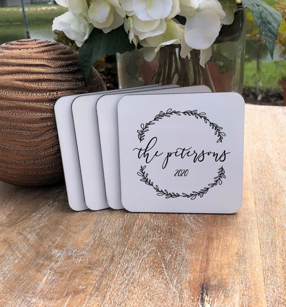 Personalized Wreath Coasters Set ~ Cork Back ~ Last Name ~ Gift for Couple ~ Personalized Coasters ~ Personalized Gift ~ Christmas Gift