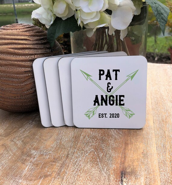 Personalized Arrows Coasters Set ~ Cork Back  ~ Gift for Couple ~ Est Year ~ Personalized Coasters ~ Personalized Gift ~ Christmas Gift