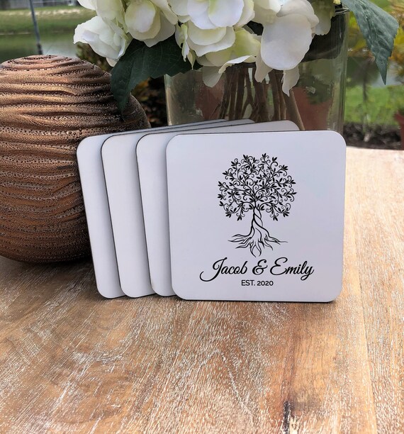 Personalized Olive Tree Coasters Set ~ Cork Back  ~ Gift for Couple ~ Est Year ~ Personalized Coasters ~ Personalized Gift ~ Christmas Gift