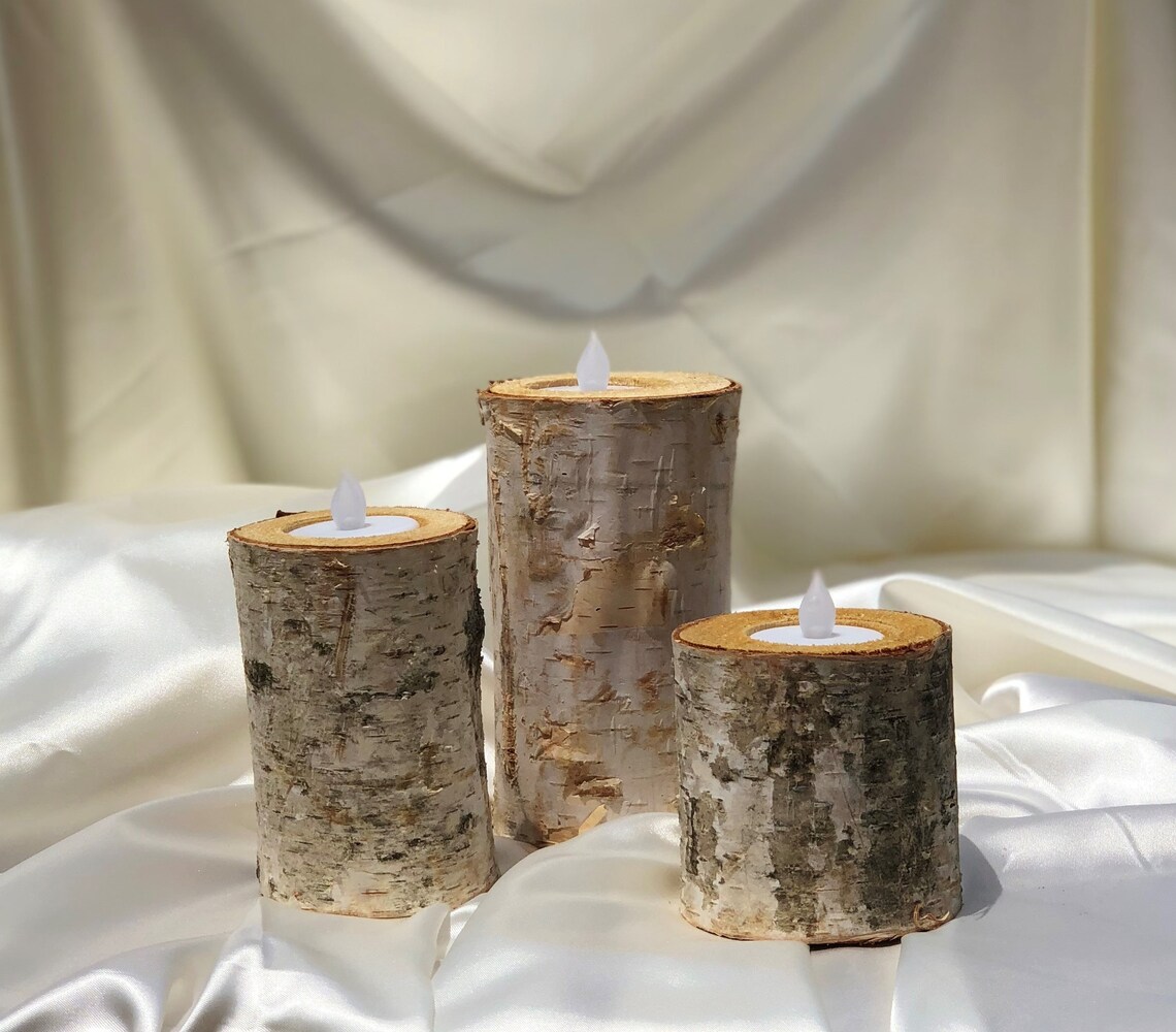 Birch Bark Log Candle Holders Set Set of 3 Choose the Size Etsy