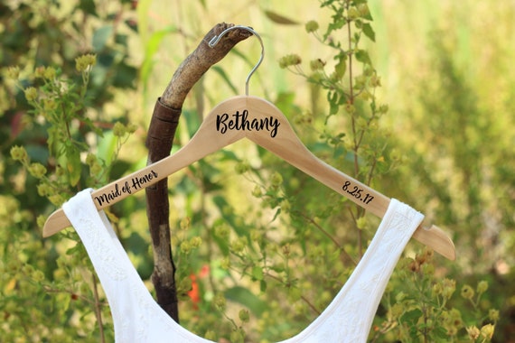 Personalized Bridesmaid Hangers - Bride - Maid of Honor - Wedding Party - Wood Hanger - White Gold or Natural Silver