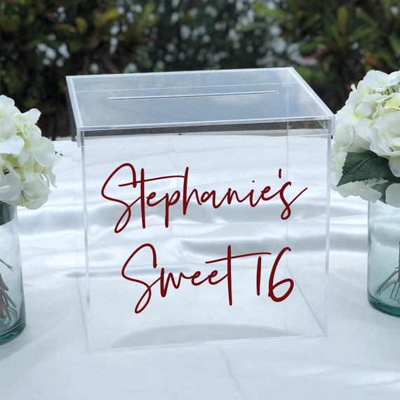 Personalized Sweet 16 Clear Acrylic Card Box ~ Locking Option