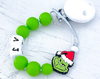 Christmas Personalised Dummy Clip Stocking Filler Soother Holder | Personalized Dummy Chain Soother Fastener Grinch Dummy Holder MAM Clip