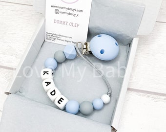 Personalised Dummy Clip | Custom Soother Holder | Name Paci Clip  | Silicone Binky Strap, Newborn Gift | MAM comforter Chain Blue