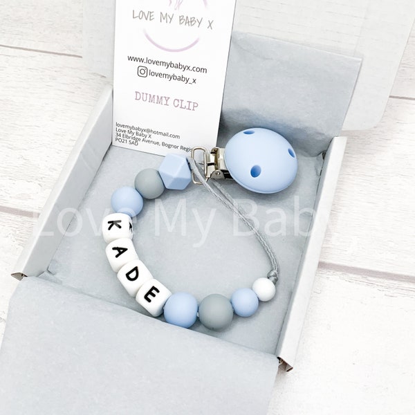 Clip para chupete personalizado / Portachupetes personalizado / Clip para chupete con nombre / Correa de silicona para chupete, regalo para recién nacidos / Cadena de consolador MAM azul