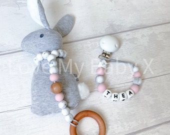 New arrival Personalised Gift Set Name Dummy Clip Personalized Pacifier Clip Newborn Gift MAM dummy Clip stuffed Bunny toy Rattle babyshower