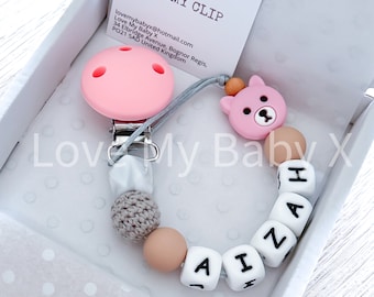 Personalized Bear Dummy Clip: Newborn Pacifier Holder