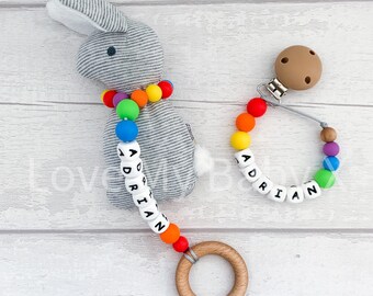 Personalised Rainbow Gift Set Name Dummy Clip Personalized Pacifier Clip First Gift Newborn Gift MAM Clip Birth Stats Born 2024 Bunny Rattle