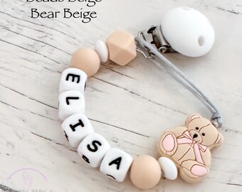 Beige Natural Teddy Bear Dummy Clip Soft Silicone Personalised Dummy Chain Custom Soother Holder Newborn Gift Stocking Filler MAM Paci Clip