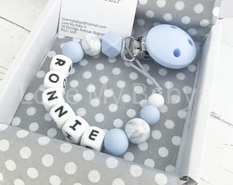 Personalised Dummy Clip | Custom Soother Holder | Soft Paci Chain | Boy Binky Holder | Newborn Gift | MAM Binky Strap, Blue Marble