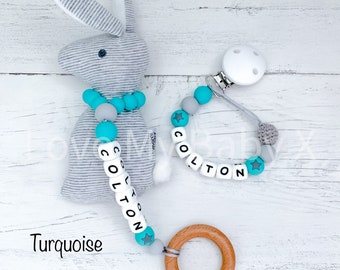 Personalised Rainbow Gift Set Name Dummy Clip Personalized Pacifier Clip First Gift Newborn Gift MAM Clip Birth Stats Born 2024 Bunny Rattle