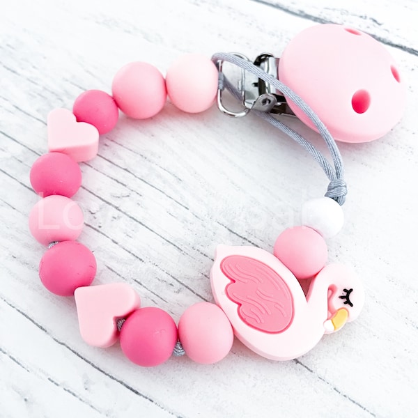 No more losing dummy, customised soother holder, MAM dummy clip, New girl gift, flamingo dummy chain, Pink Personalided paci holder