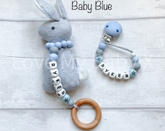 Personalised Rainbow Gift Set Name Dummy Clip Personalized Pacifier Clip First Gift Newborn Gift MAM Clip Birth Stats Born 2024 Bunny Rattle